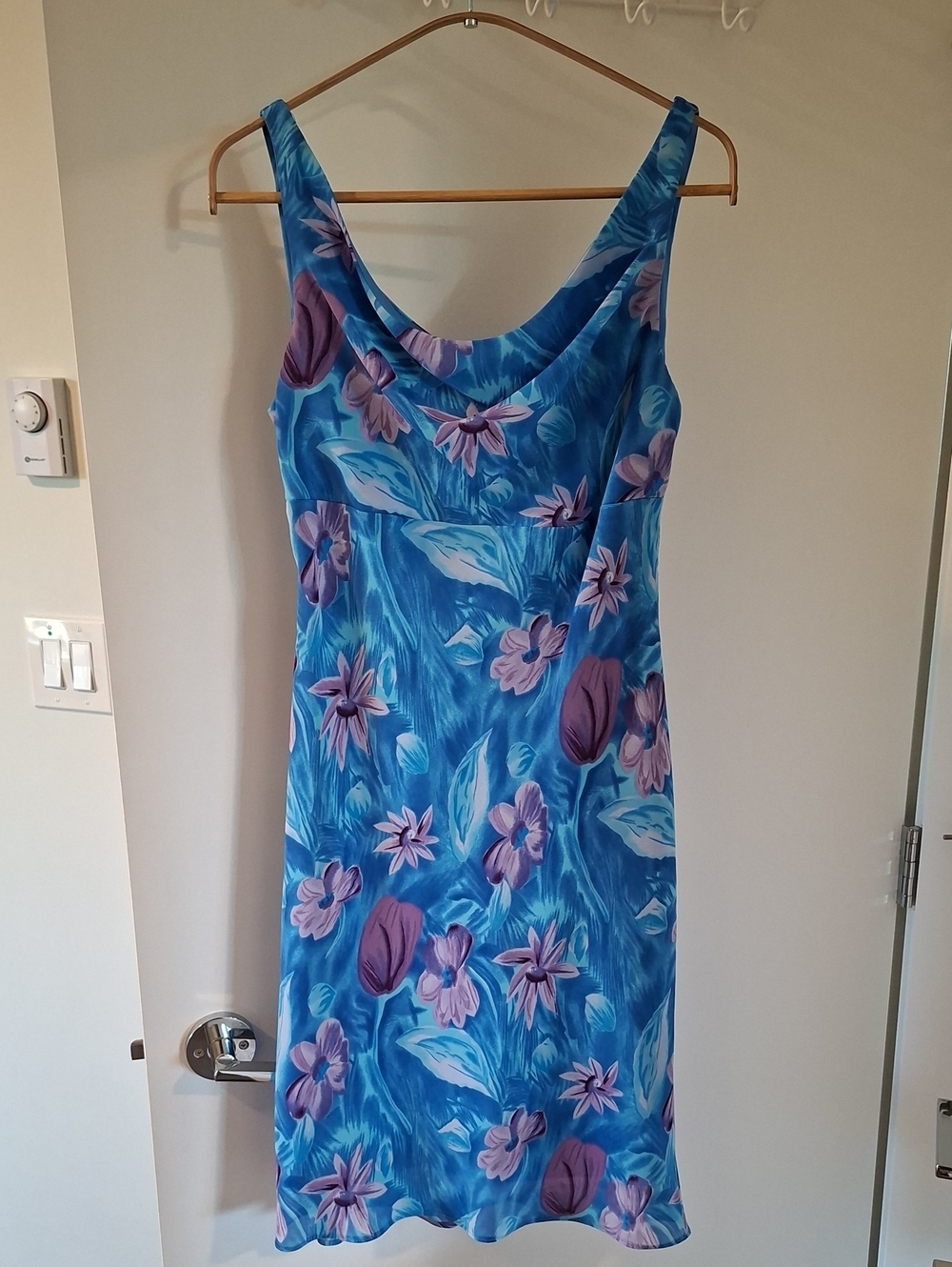 Vintage 90's Blue & Purple Floral Cowl-neck Slinky Slip Dress (Size US 4)